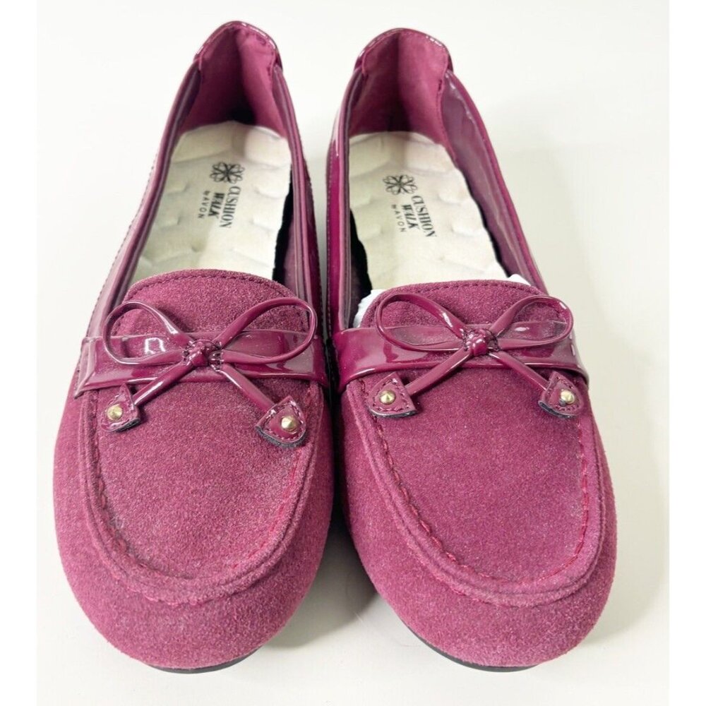 Avon Cushion Walk Sz 8 Red Suede Like Slip On Loafers Bow EUC